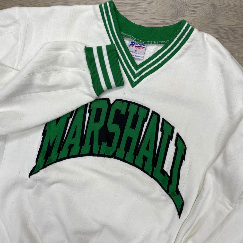 Pioneer Sports Marshall Sweatshirt Mens XL White Green V-Neck Ribbed Pullover